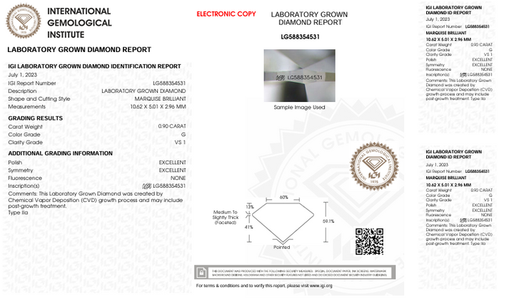 0.9 CT G Renk VS1 Markiz Kesme Laboratuar Growed Diamond - IGI Sertifikalı