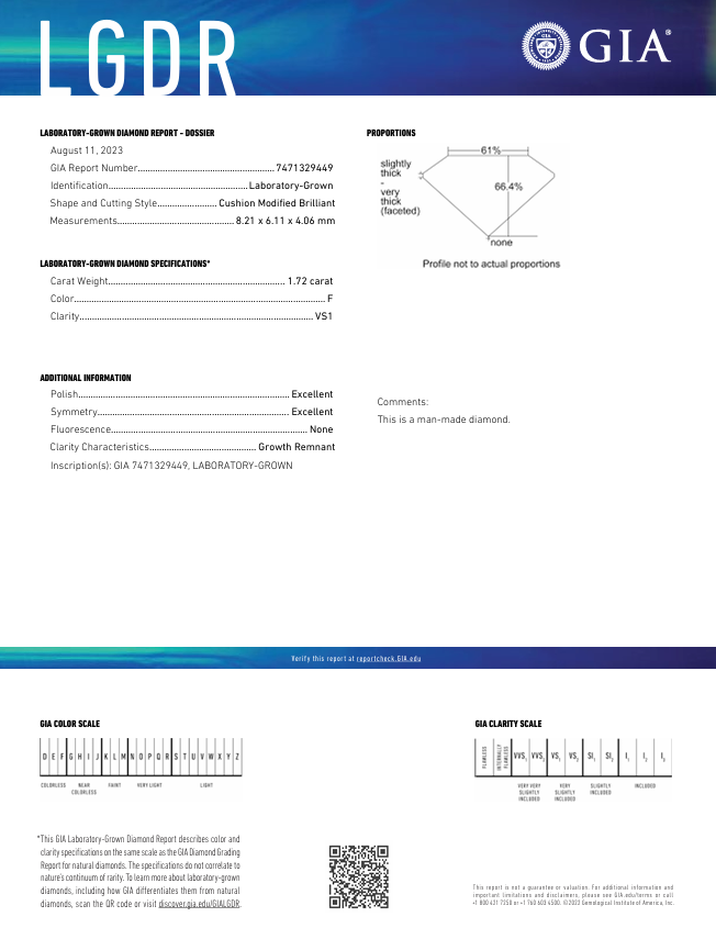 1,72 Ct F Color vs1 Long Cushion Cut Lab, выращенное алмазом - Gia сертифицированным