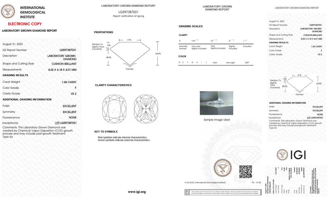 1,68 Ct F Color vs2 Long Cushion Cut Lab, выращенное алмазом - Igi сертифицированным