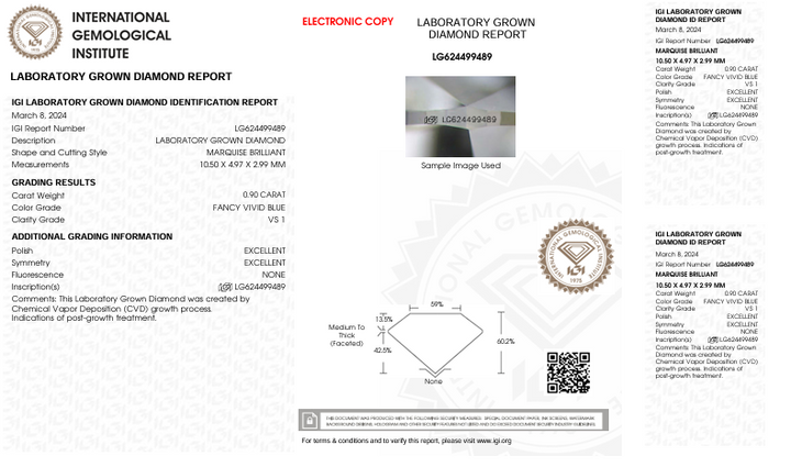 0.9 CT Fantezi Vivid Mavi Renk VS1 MARKISE CUT LAB GREWN DIANMA - IGI Sertifikalı