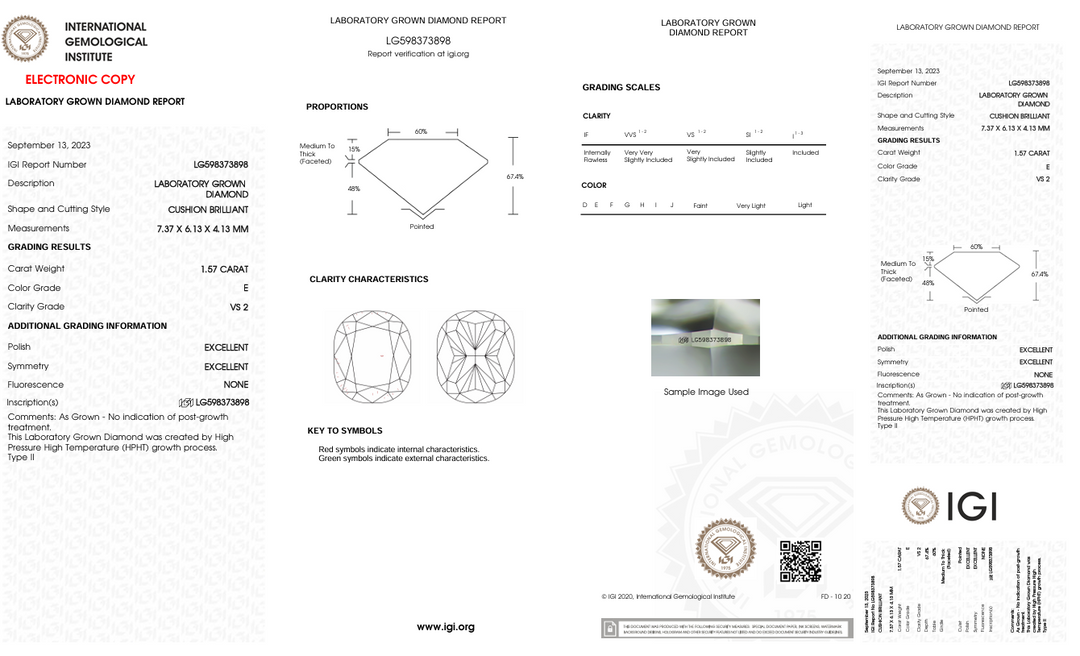 1,57 Ct E Color VS2 Long Cushion Cut Lab, выращенное алмазом - IGI сертифицирован