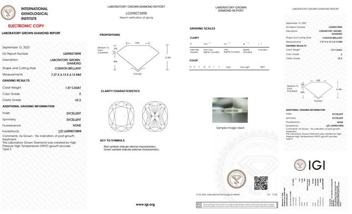 1,57 Ct E Color VS2 Long Cushion Cut Lab, выращенное алмазом - IGI сертифицирован