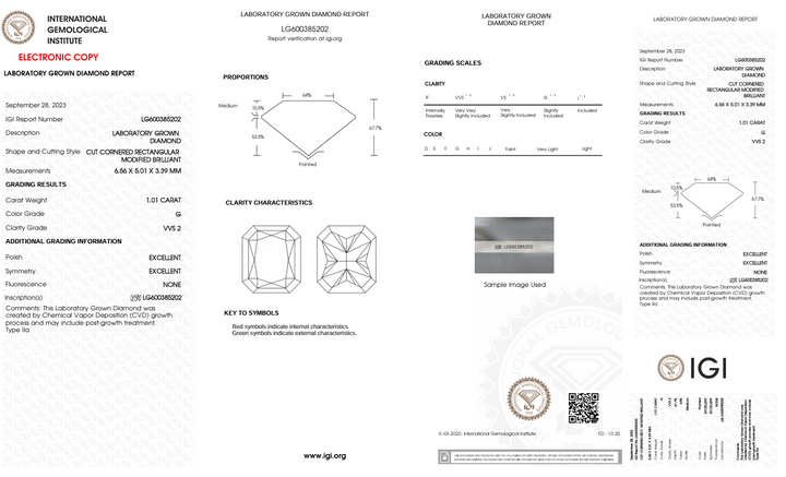 1.01 CT G Warna VVS2 RADIANT CUT LAB DIAMOND - CERTIFIKASI IGI