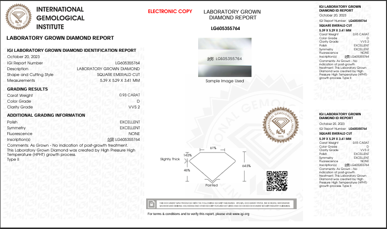 0.93 CT D צבע VVS2 מרובע אמרלד חתך יהלום מעבדה - IGI מוסמך