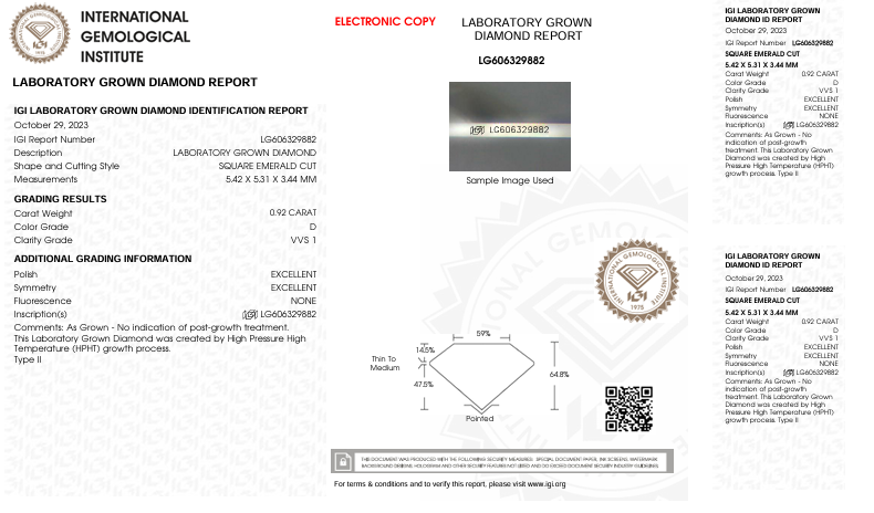 0.92 CT D צבע VVS1 מרובע אמרלד חתך יהלום מעבדה - IGI מוסמך