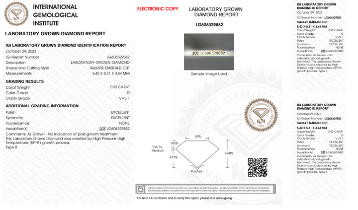 0,92 ct d Color VVS1 -neliömuotoinen smaragdi -laboratoriokasvatettu timantti - IGI -sertifioitu