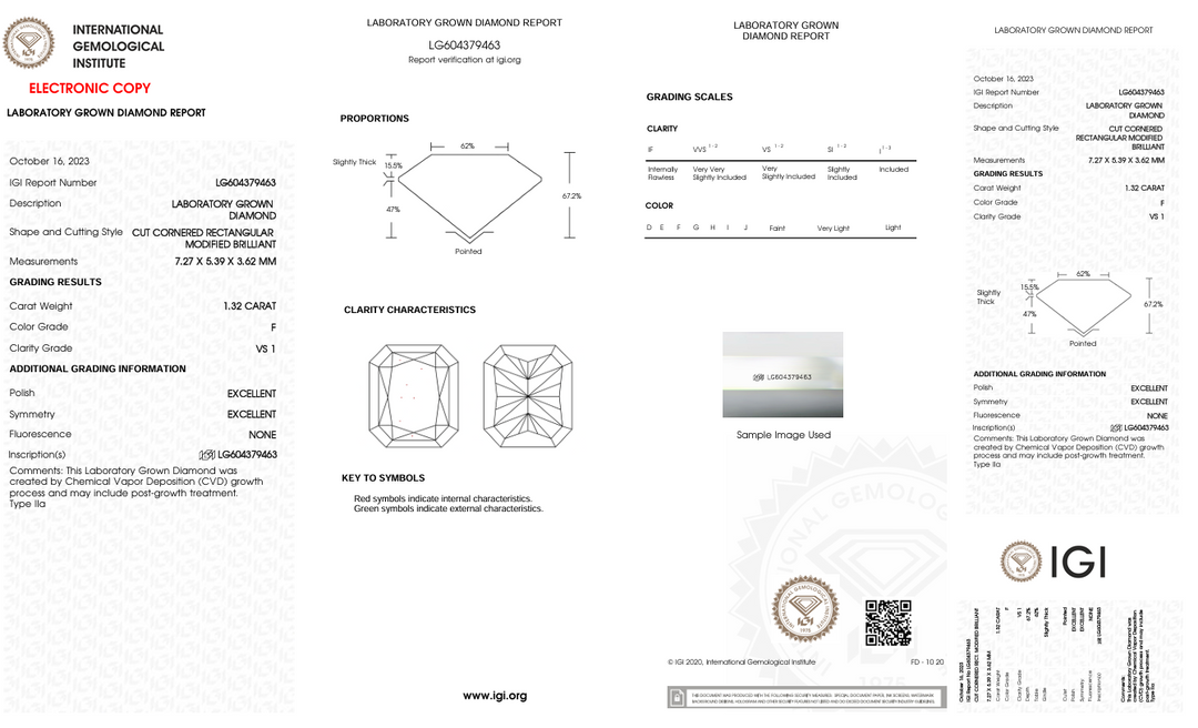 1.32 CT F Color VS1 Radiant Cut Lab -pěstovaný diamant - IGI Certified