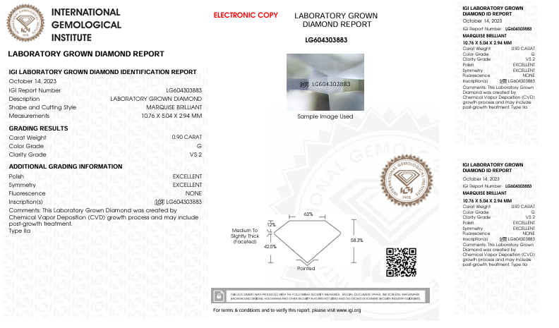 0.9 CT G Renk VS2 Markiz Kesme Laboratuar Growed Diamond - IGI Sertifikalı