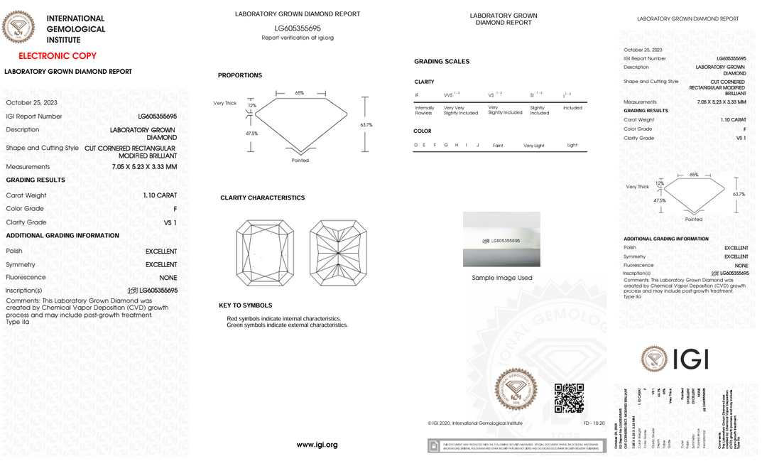 1.1 CT F Color vs1 Radiant Cut Lab -pěstovaný diamant - IGI Certified