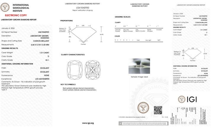 1.01 CT D Farge VS1 Lang pute kuttet laboratorium diamant - IGI -sertifisert