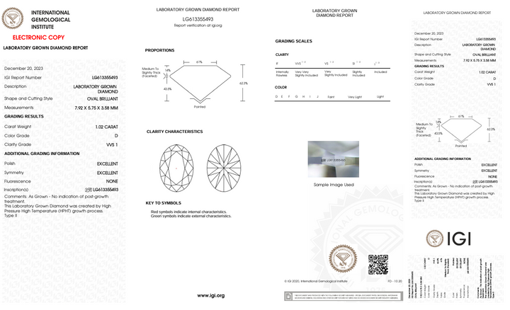 1,02 CT D Color VVS1 Oval Cut Lab -вирощений алмаз - сертифікований IGI