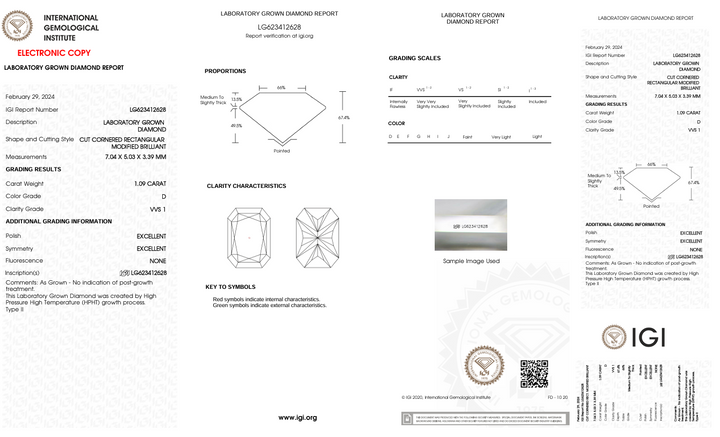 1,09 CT D kleur VVS1 Radiant Cut Lab Gegroeide diamant - IGI -gecertificeerd