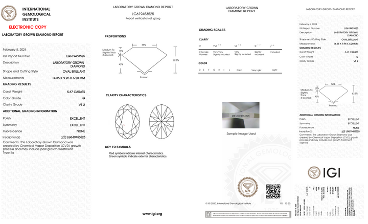 5.67 CT G Color VS2 OVAL CUT DAIMEND -BALLAND - IGI معتمد