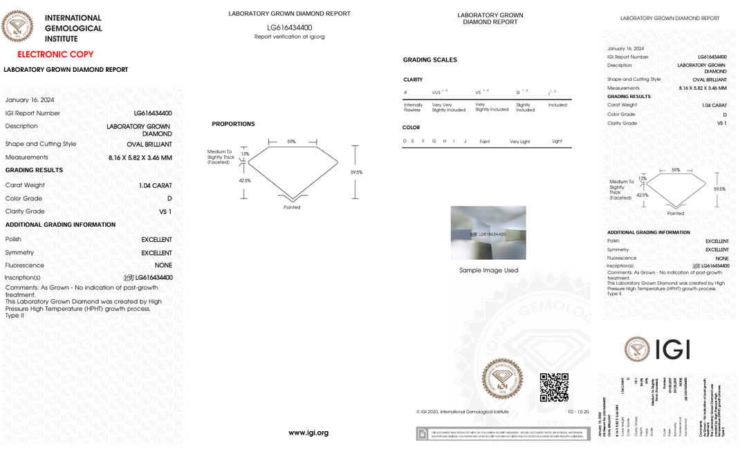 1.04 CT D Farge VS1 Oval kuttet lab -dyrket diamant - IGI -sertifisert