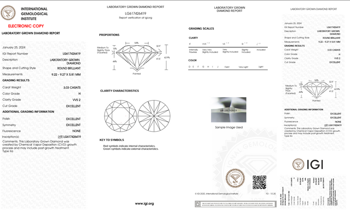 3.03 CT HカラーVVS2ラウンドカットラボで栽培されたダイヤモンド-IGI認定