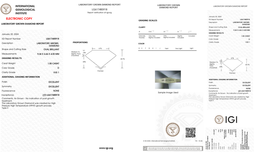 1,55 CT D Колір VVS1 Oval Cut Lab -вирощений алмаз - сертифікований IGI