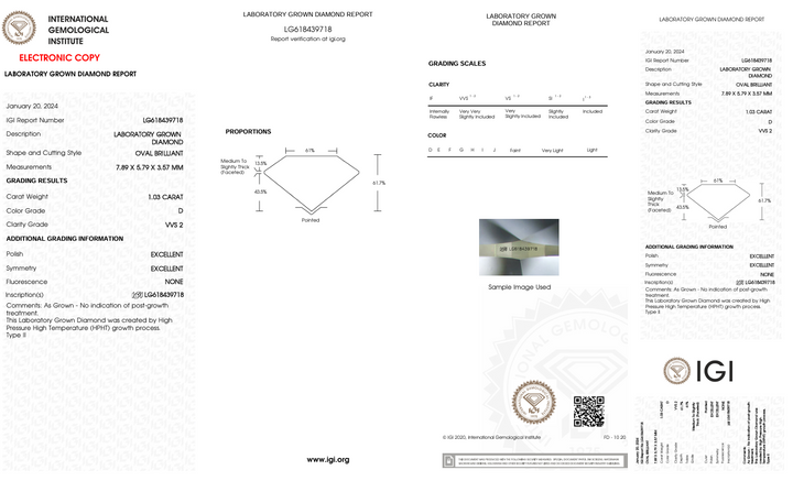 1.03 CT D Farge VVS2 Oval kuttet lab -dyrket diamant - IGI -sertifisert