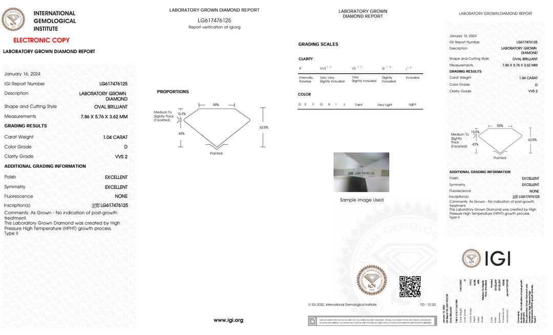 1.04 CT D FARGE VVS2 Oval kuttet lab -dyrket diamant - IGI -sertifisert