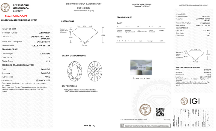 1,05 CT D Колір VS2 Oval Cut Lab -вирощений алмаз - сертифікований IGI