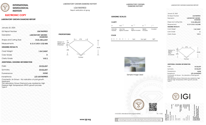 1.04 CT D FARGE VVS2 Oval kuttet lab -dyrket diamant - IGI -sertifisert