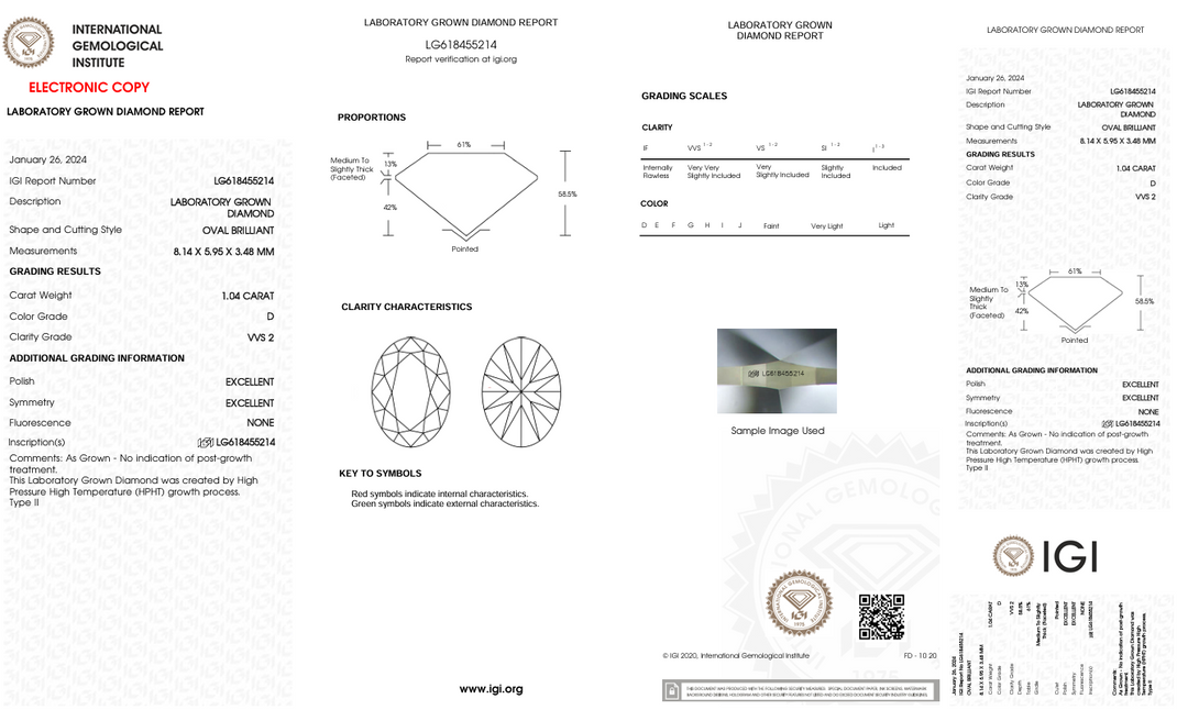 1.04 CT D FARGE VVS2 Oval kuttet lab -dyrket diamant - IGI -sertifisert