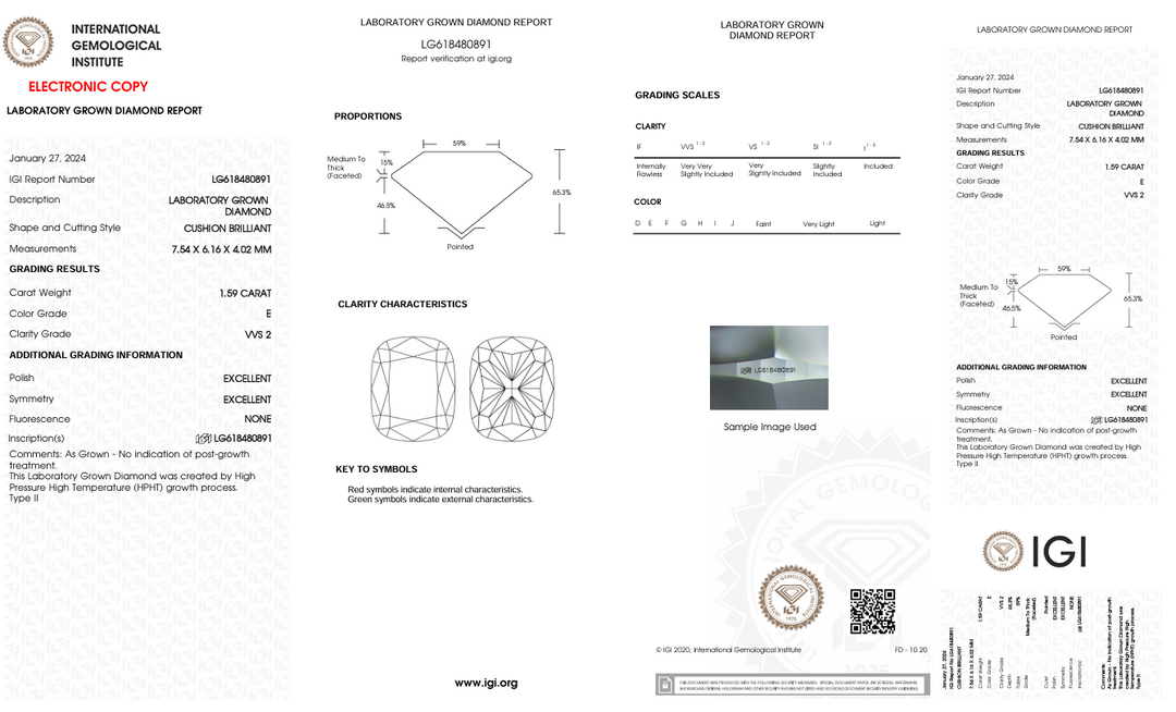 1,59 Ct E Color VVS2 Long Cushion Cut Lab, выращенное алмазом - IGI сертифицирован