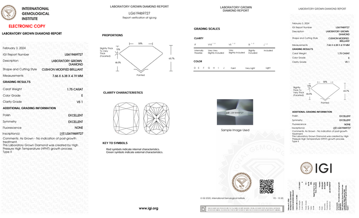 1,75 CT E Färg VS1 Lång kuddskuret Lab -odlad diamant - IGI -certifierad