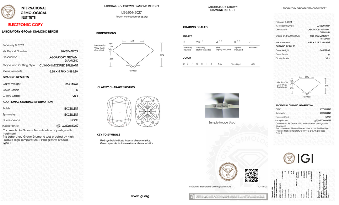 1,36 CT D Color VS1 довгий подушка вирізаний лабораторією Diamond - IGI сертифікований