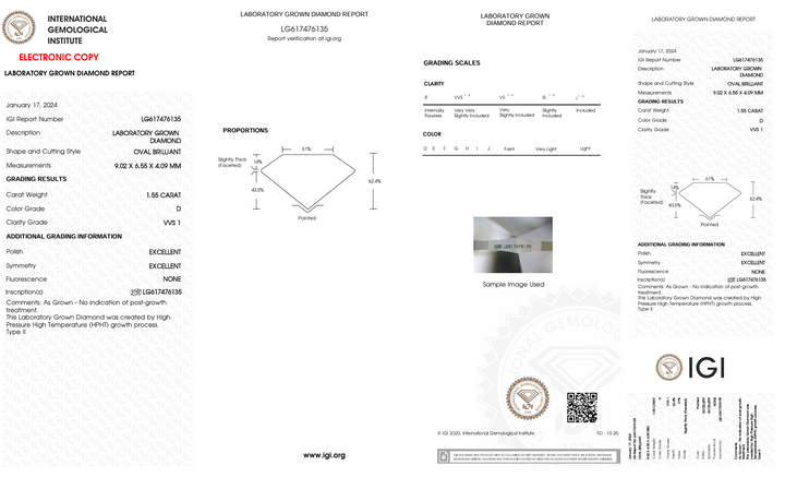 1,55 CT D Колір VVS1 Oval Cut Lab -вирощений алмаз - сертифікований IGI