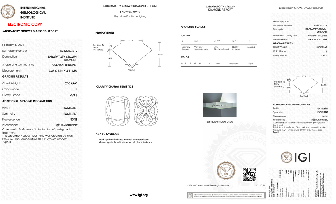 1,57 Ct E Color VVS2 Long Cushion Cut Lab, выращенное алмазом - Igi сертифицированным