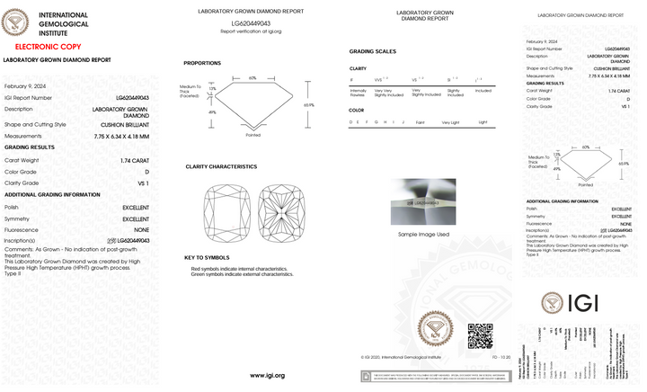 1.74 CT D Color VS1 CUSHION LONG CUSTION CUT MAINMOND MAIMENT - IGI معتمد