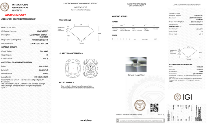 1,58 Ct D Color VVS2 Long Cushion Cut Lab, выращенное алмазом - IGI сертифицирован