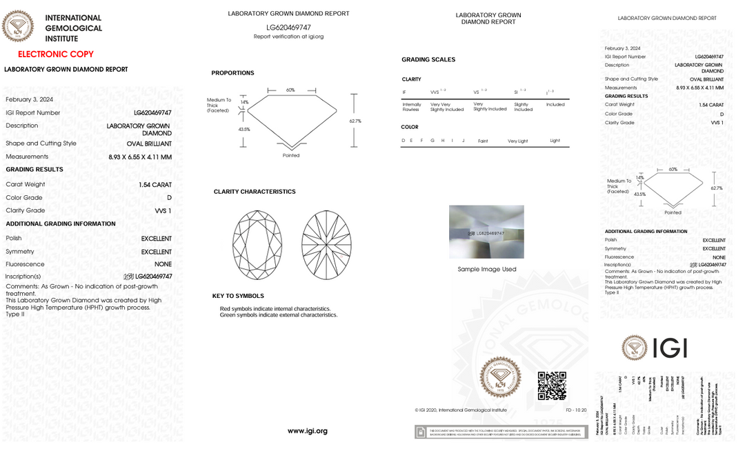 1.54 CT D RENK VVS1 Oval Kesim Laboratuar Yetiştirilen Pırlanta - IGI Sertifikalı