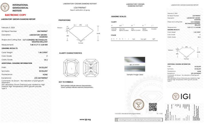 1,46 ct f väri VS2 säteilevä laboratoriokasvatettu timantti - IGI -sertifioitu