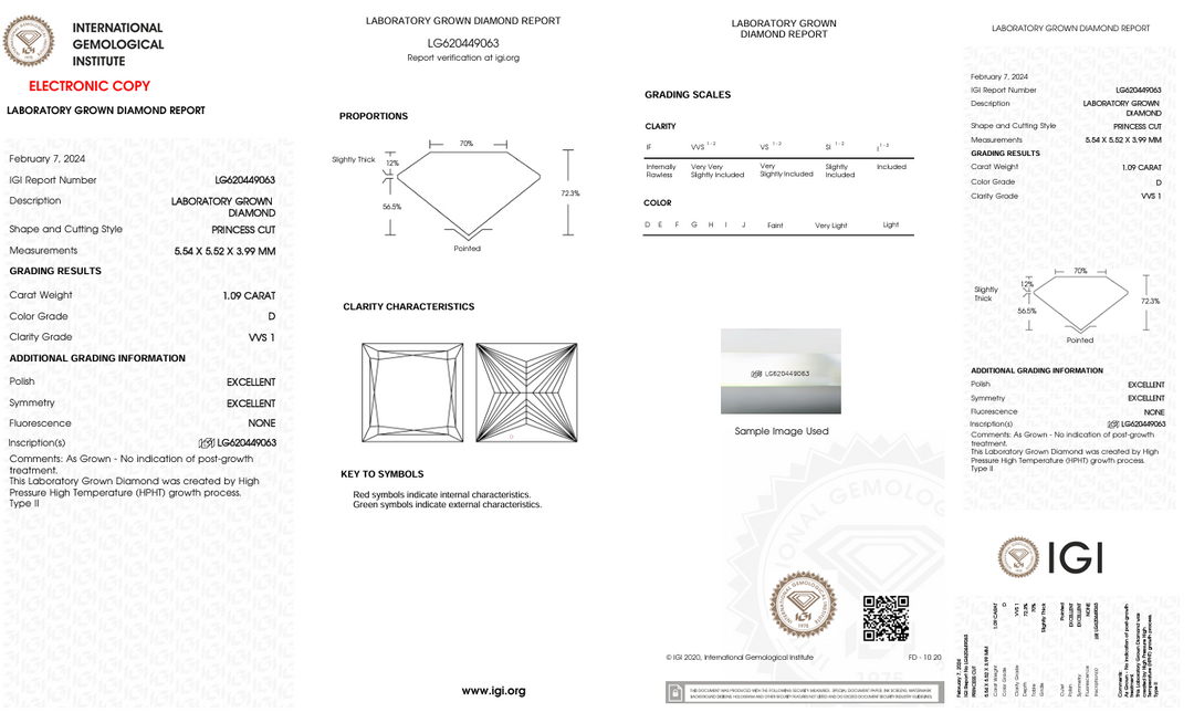 1.09 CT D RENK VVS1 PRINCESS CUT LAB GÜNÜYÜRÜLÜLÜĞÜ - IGI Sertifikalı