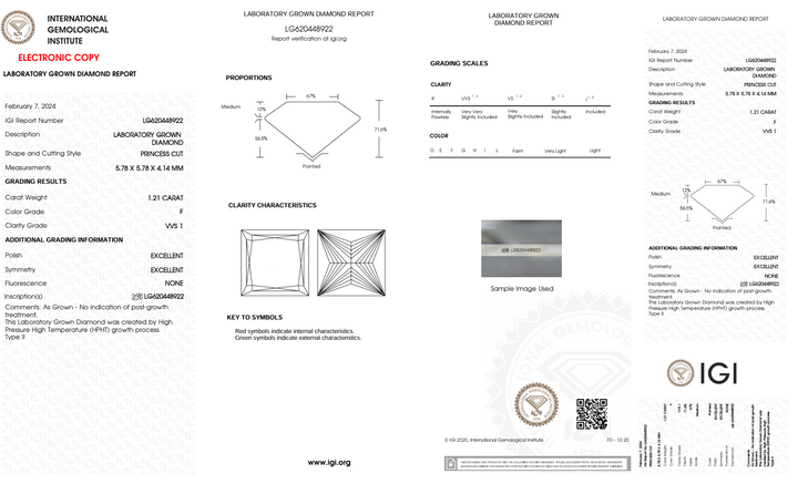 1,21 CT F Color VVS1 Princess Cut Lab -вирощений діамант - сертифікований IGI