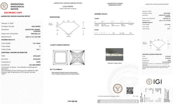 1,51 CT D Колір VVS1 Принцеса вирізаний лабораторією Diamond - IGI сертифікований