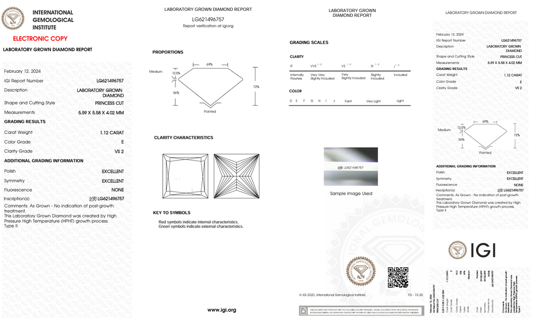 1.12 CT e Color vs2 Princess Cut Lab -вирощений діамант - сертифікований IGI