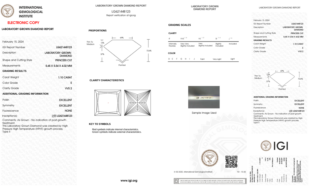 1.1 Ct e Color vvs2 Princess Cut Lab -вирощений діамант - сертифікований IGI