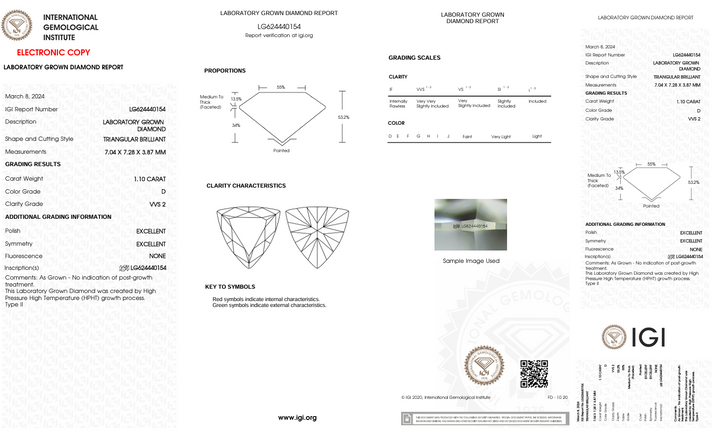 1.1 CT D Color VVS2 Trilliant Cut Lab -Grown Diamond - IGI Certified