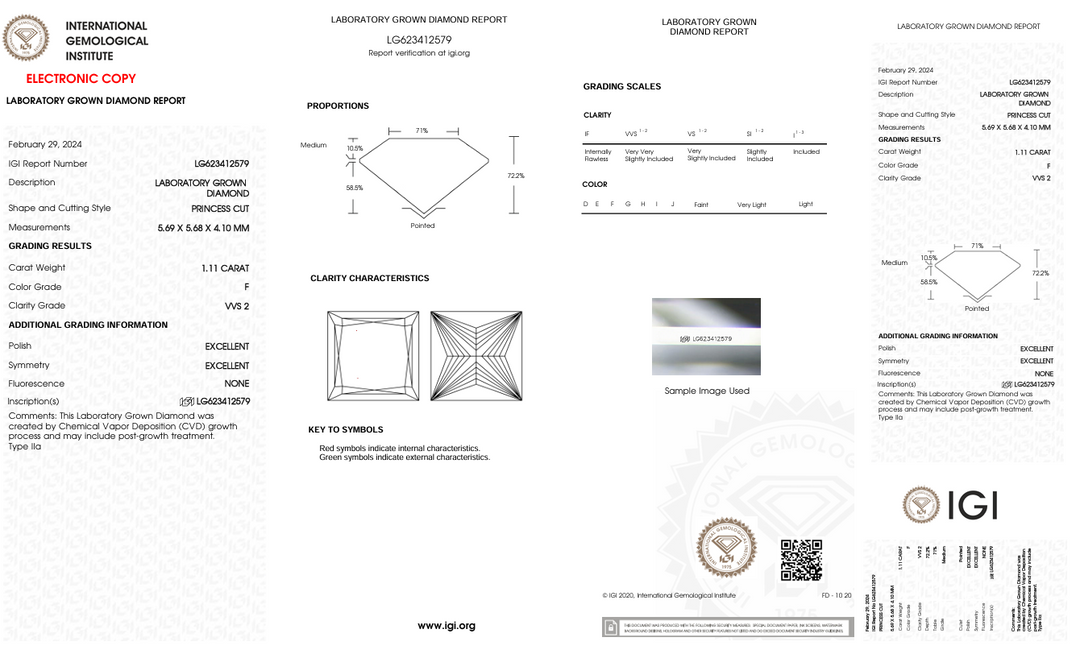 1.11 ct f Color vvs2 Princess Cut Lab -вирощений діамант - сертифікований IGI