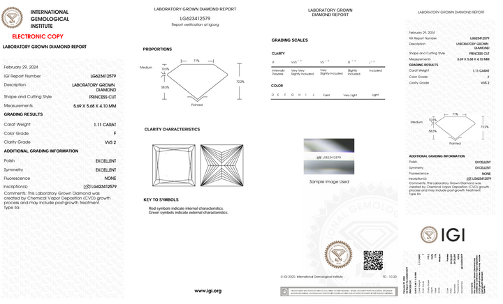 1.11 ct f Color vvs2 Princess Cut Lab -вирощений діамант - сертифікований IGI