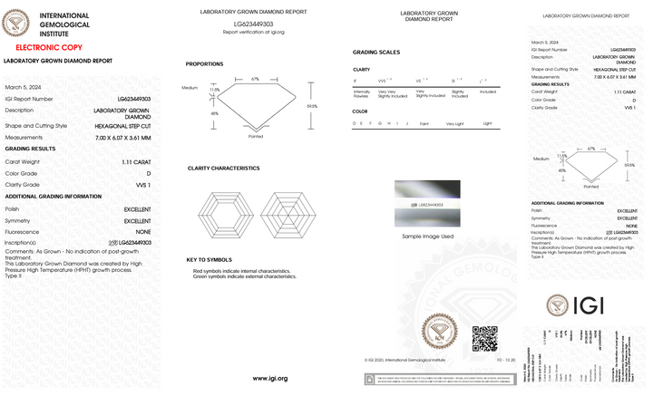 1.11 CT D Color VVS1 шестикутній вирізаний лабораторний діамант - сертифікований IGI