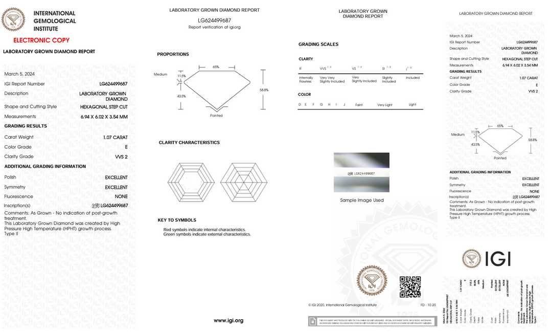 1.07 CT E Färg VVS2 Hexagonal Cut Lab -odlad diamant - IGI -certifierad