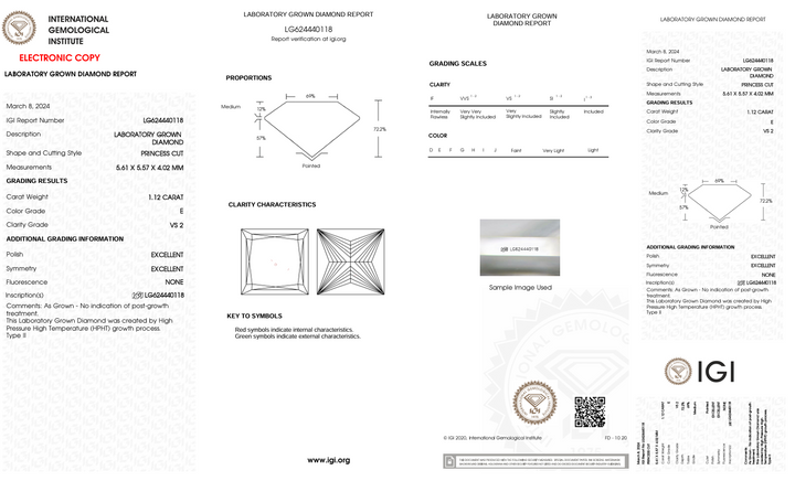 1.12 CT e Color vs2 Princess Cut Lab -вирощений діамант - сертифікований IGI