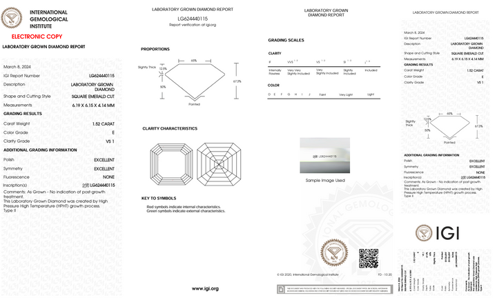 1,52 ct e kleur vs1 vierkant smaragd gesneden lab gekweekte diamant - IgI -gecertificeerd