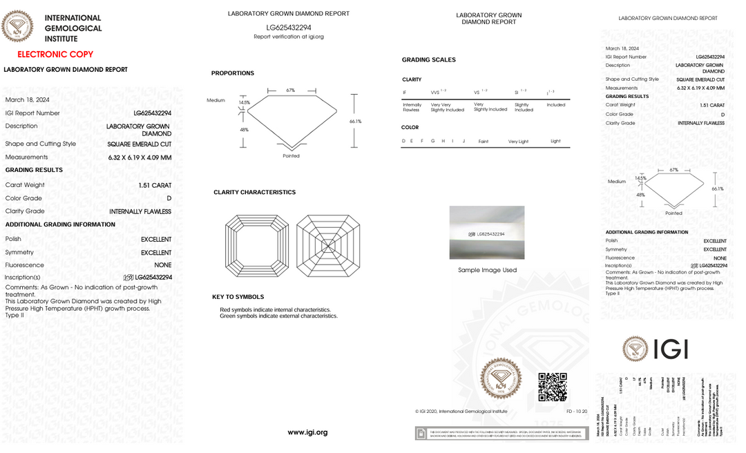 1,51 CT D Колір, якщо квадратний смарагдовий вирізаний лабораторний діамант - сертифікований IGI