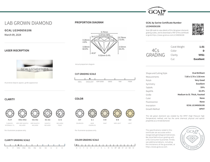 1.01 CT D kleur vvs1 ovaal gesneden lab gekweekte diamant - gcal gecertificeerd