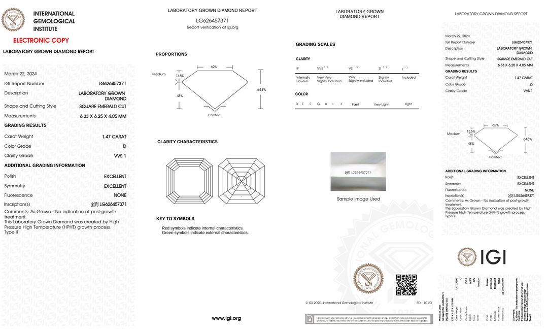 1.47 CT D Warna VVS1 Square Emerald Cut Lab -Grown Diamond - IGI Certified