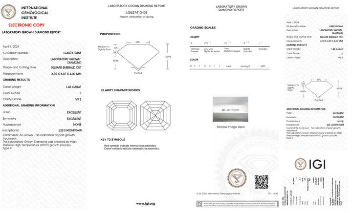 1,45 ct E warna VS2 Square Emerald Cut Lab -Grown Diamond - IGI Certified
